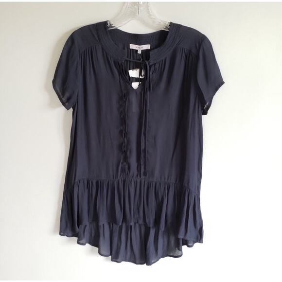 NWT Ro & De Navy Ruffle Tie Neck Top - Picture 2 of 6